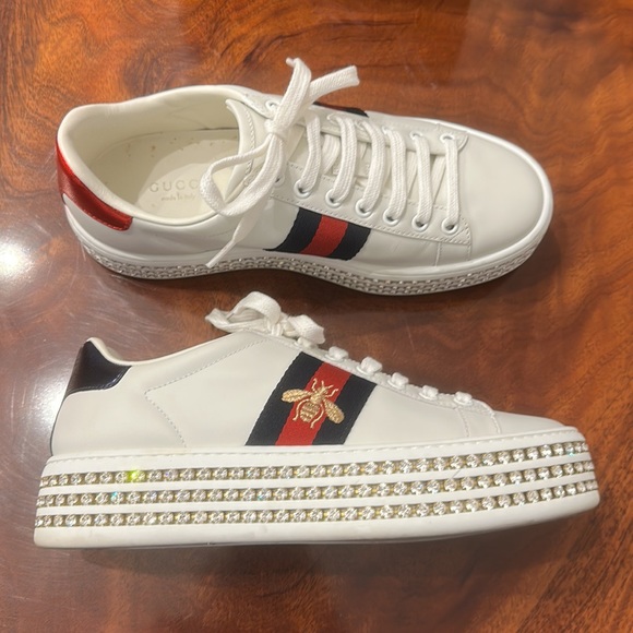 Gucci Shoes - Gucci White Leather and Silk Swarovski Crystal Platform with Embroidered Bee